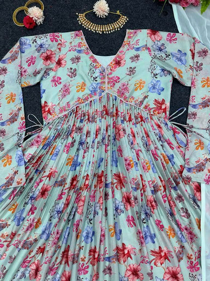 White floral printed alia cut kurti