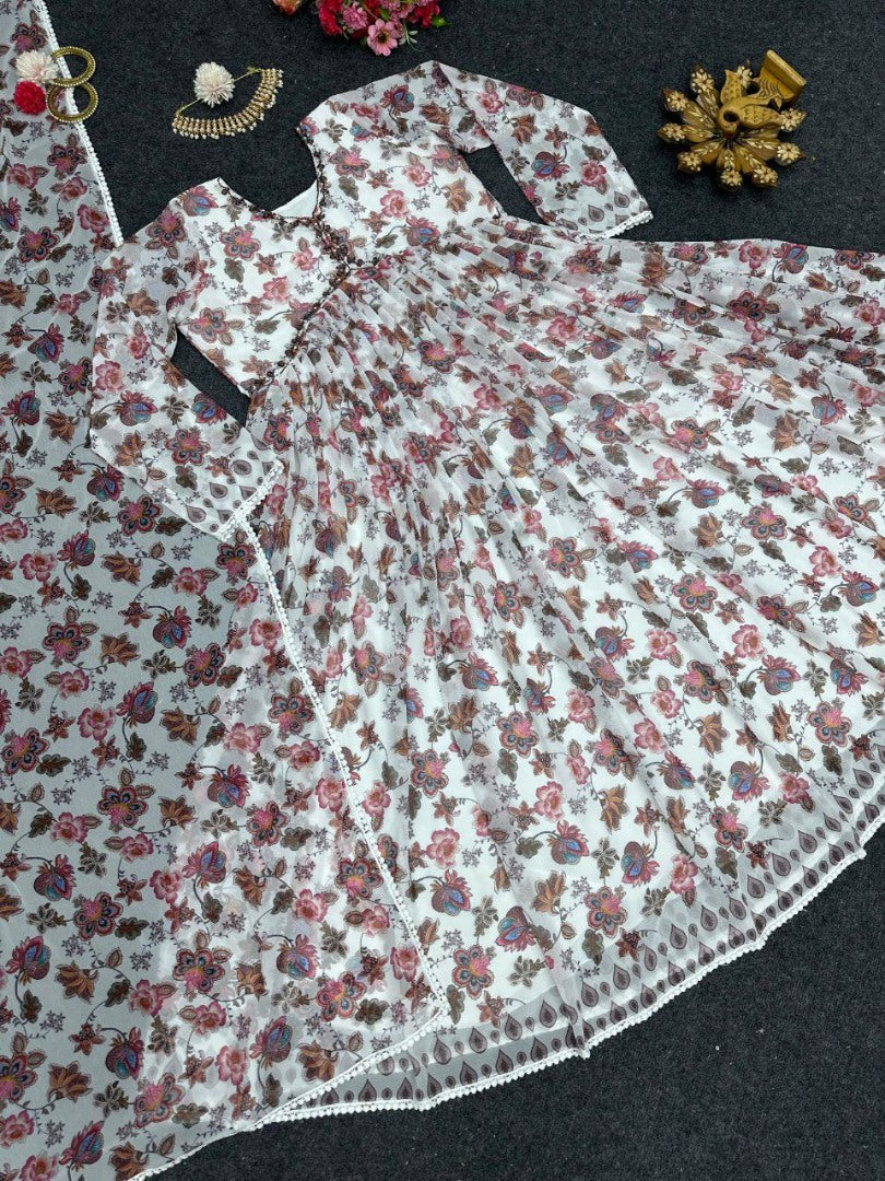 White floral printed handwork alia cut suit