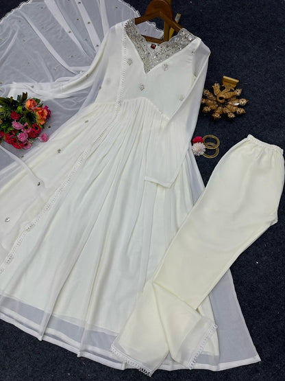 White georgette alia cut suit