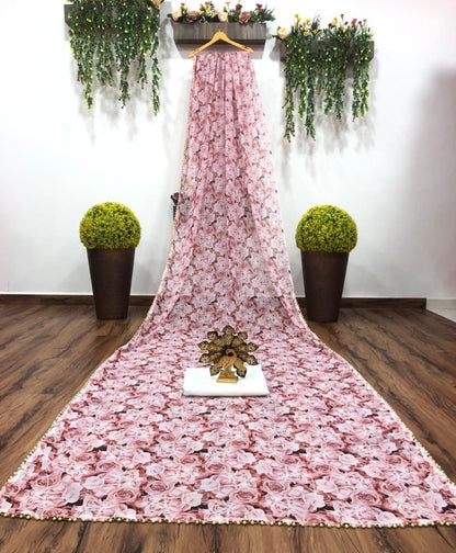 White georgette digital floral printed motilace saree
