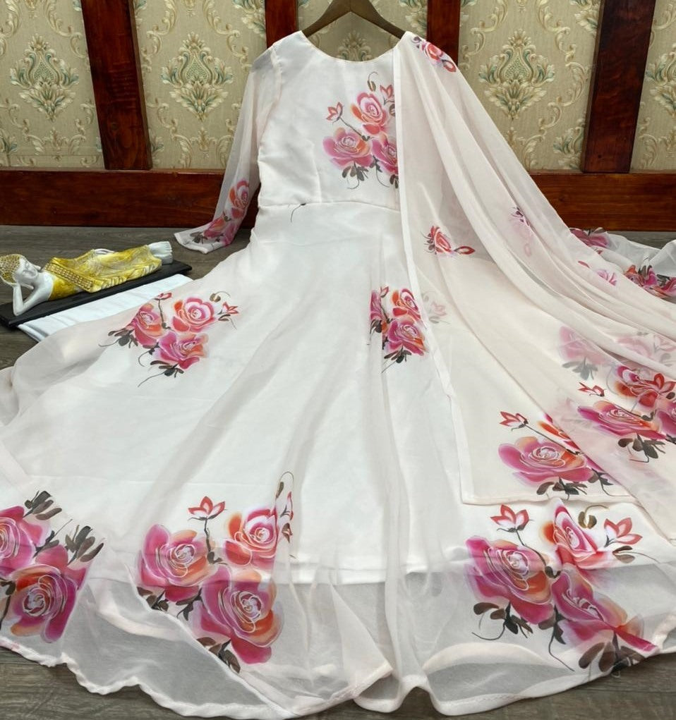 White georgette digital flower printed party wear gown