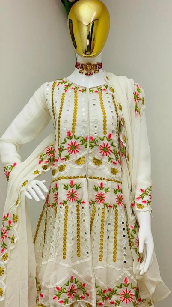 White georgette embroidered sequence work kurti with plazzo