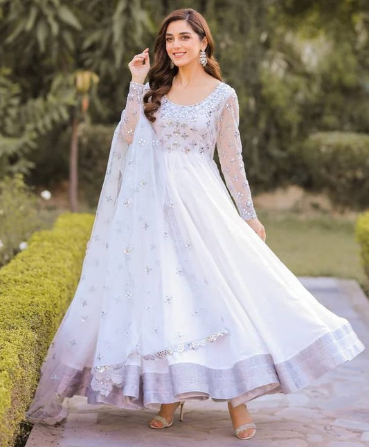 White georgette embroidery work anarkali suit