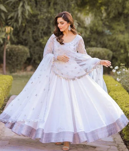 White georgette embroidery work anarkali suit