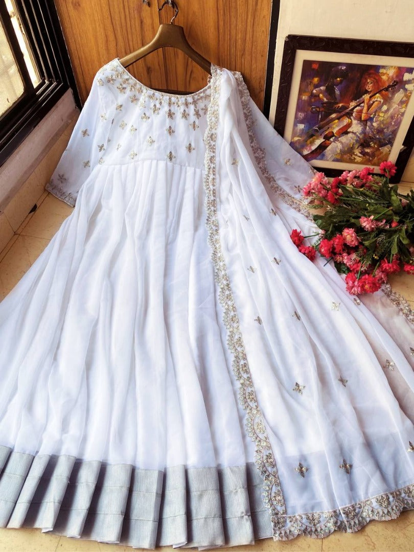 White georgette embroidery work anarkali suit