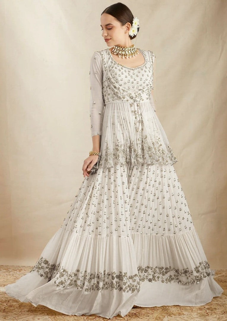 White georgette embroidery work wedding sharara suit