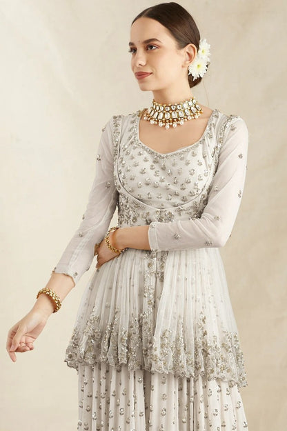 White georgette embroidery work wedding sharara suit