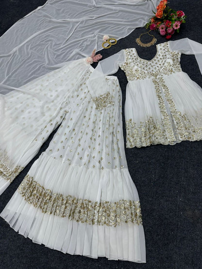 White georgette embroidery work wedding sharara suit