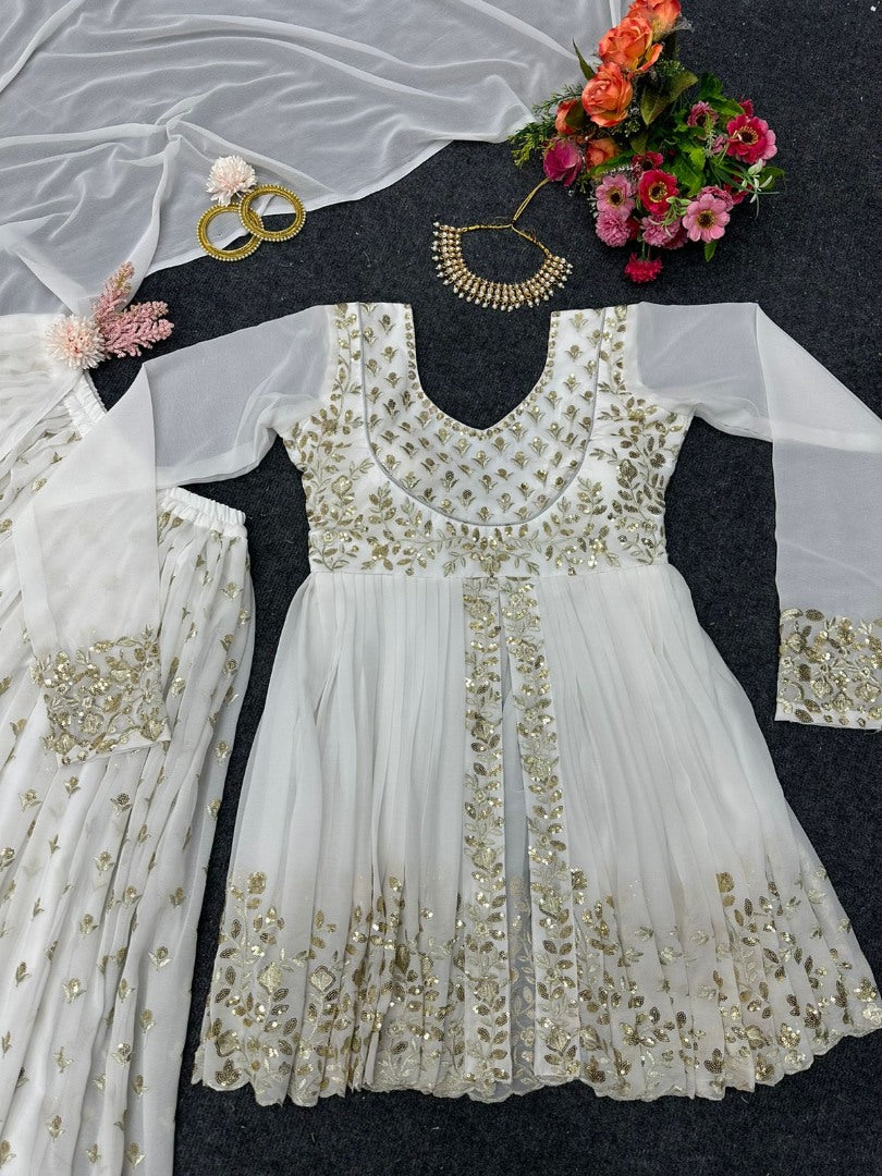 White georgette embroidery work wedding sharara suit