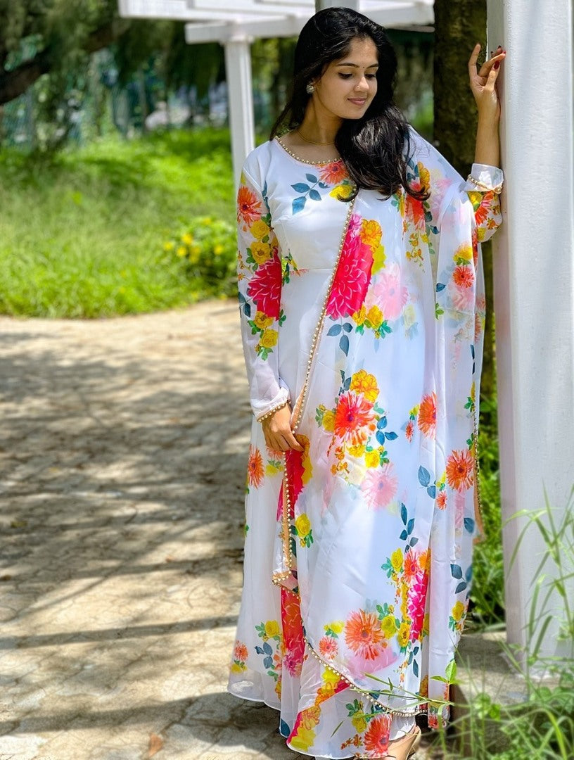 White georgette floral printed gown