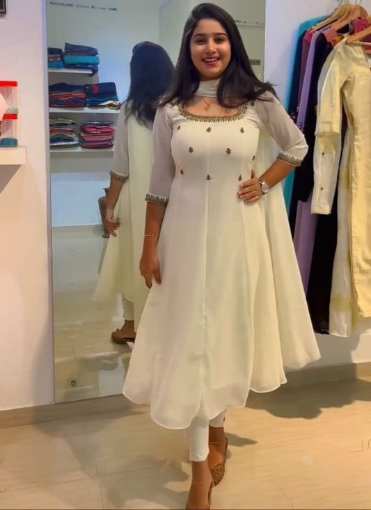 White georgette handwork anarkali suit