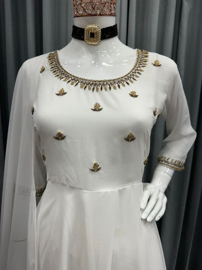 White georgette handwork anarkali suit