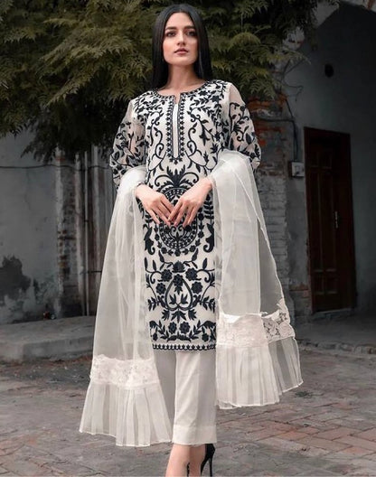 White georgette heavy embroidery work pant salwar suit