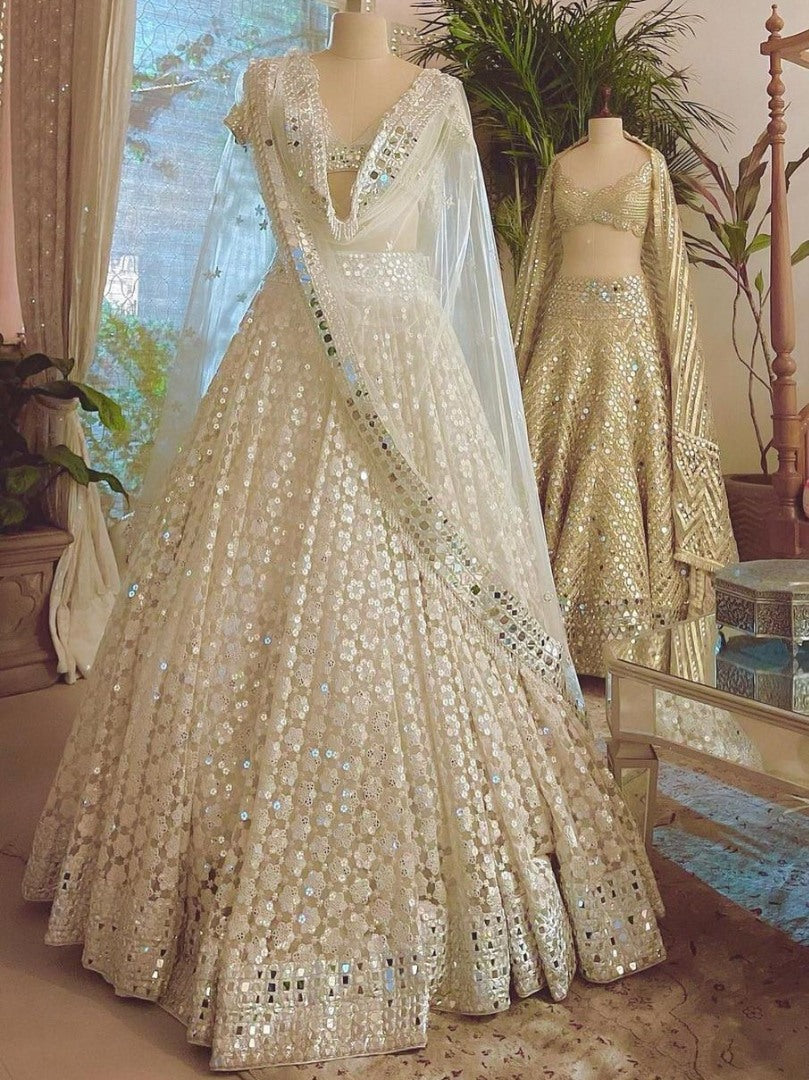 White georgette heavy paper mirror work wedding lehenga choli