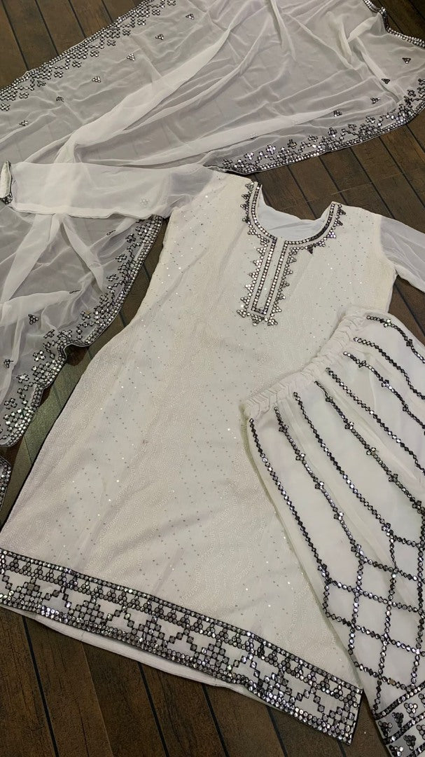 White georgette heavy sequence and paper mirror work plazzo suit