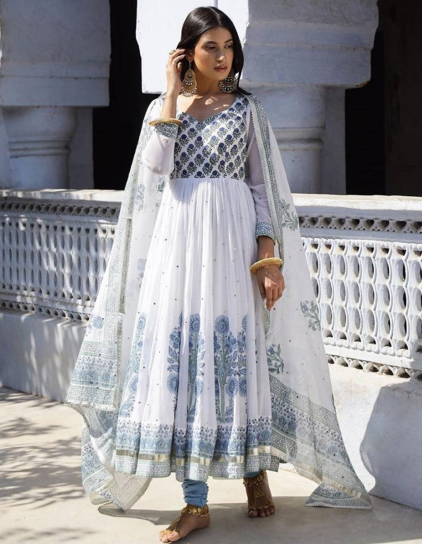 White georgette print and mirror work anarkali suit