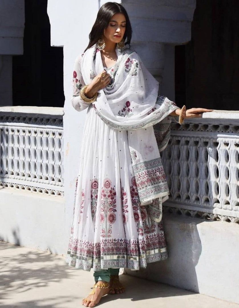 White georgette print and mirror work anarkali suit