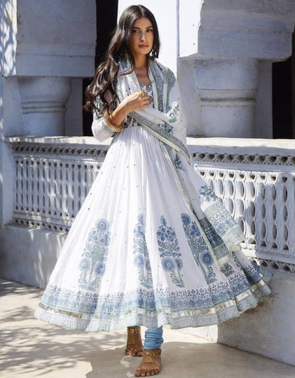 White georgette print and mirror work anarkali suit