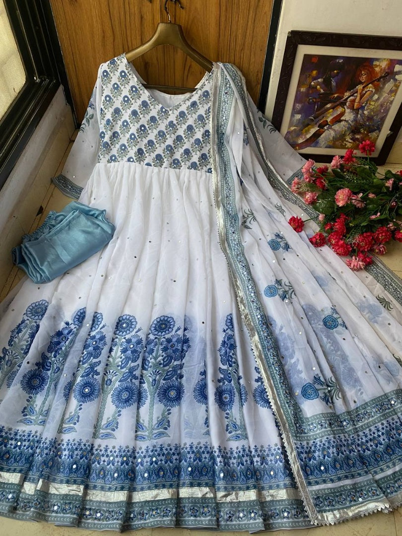 White georgette print and mirror work anarkali suit