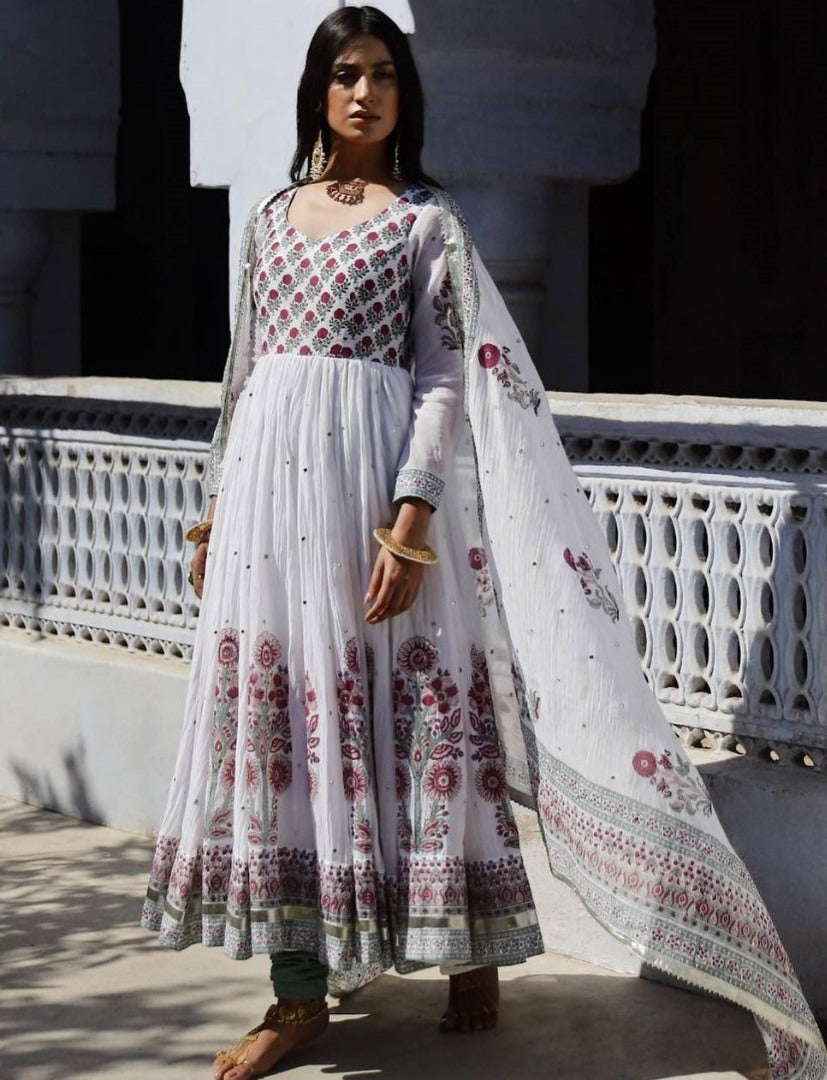 White georgette print and mirror work anarkali suit