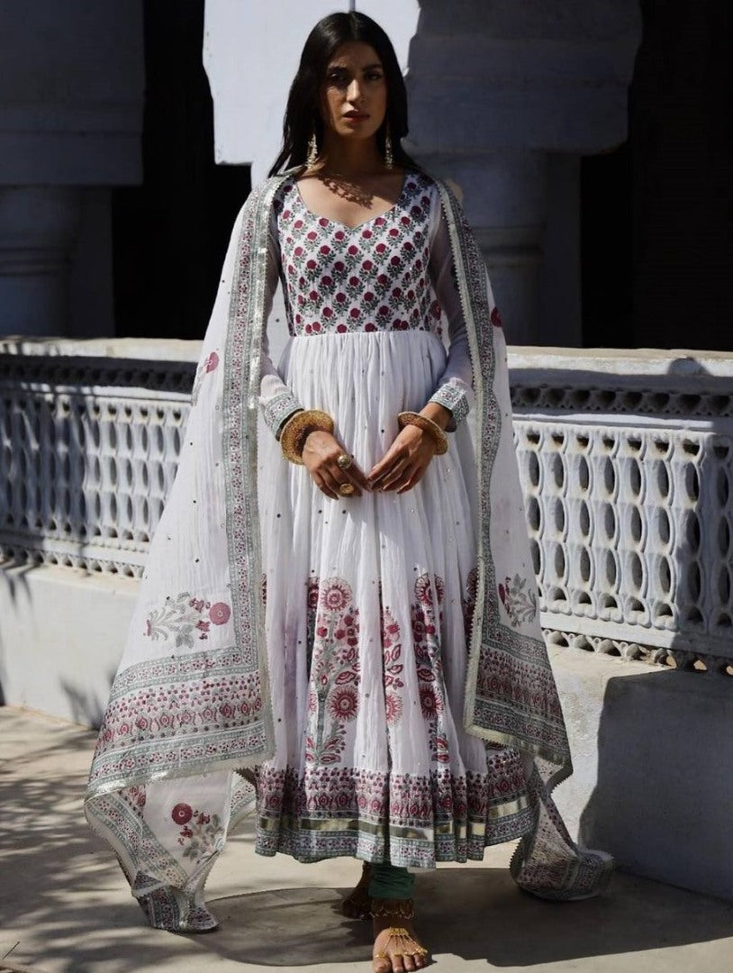 White georgette print and mirror work anarkali suit