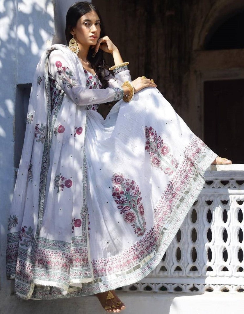 White georgette print and mirror work anarkali suit