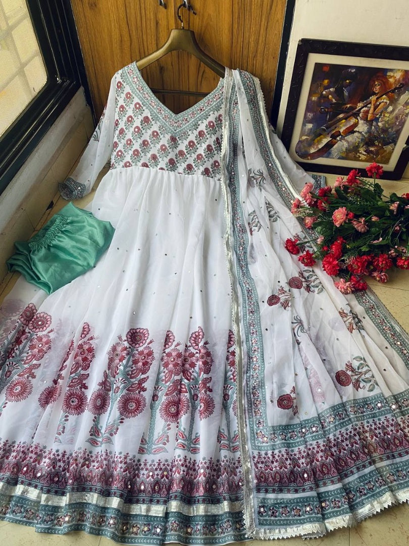 White georgette print and mirror work anarkali suit