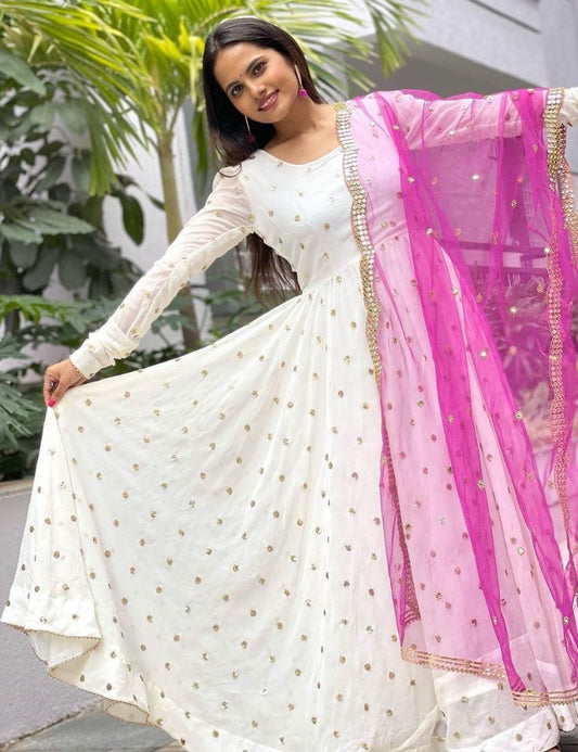 White georgette sequence embroidery work anarkali gown