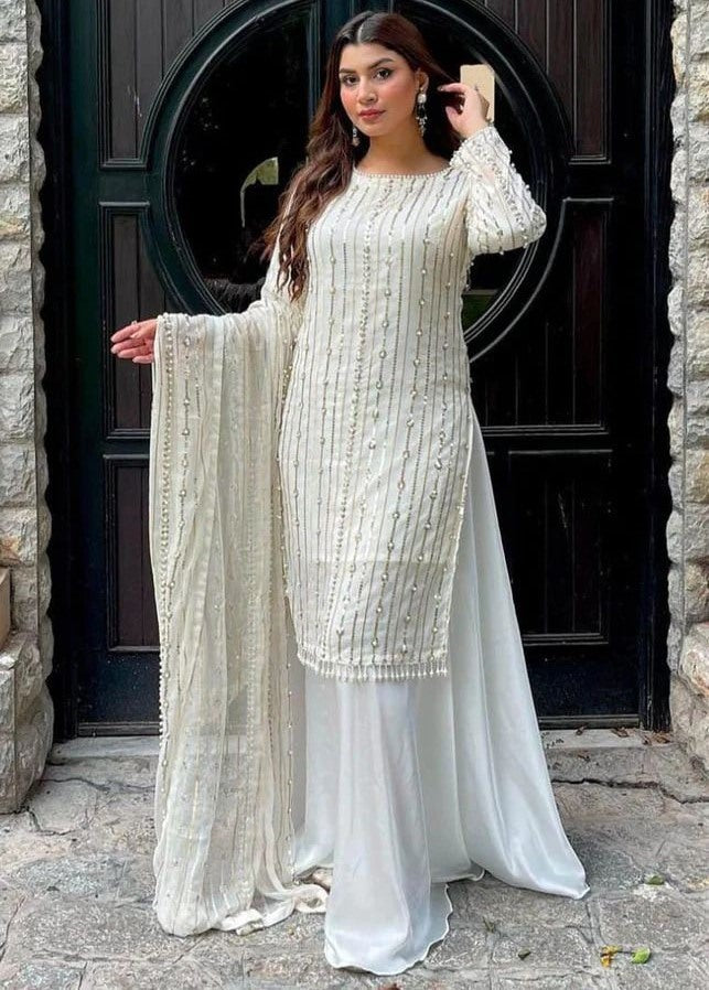 White georgette sequence work palazzo suit