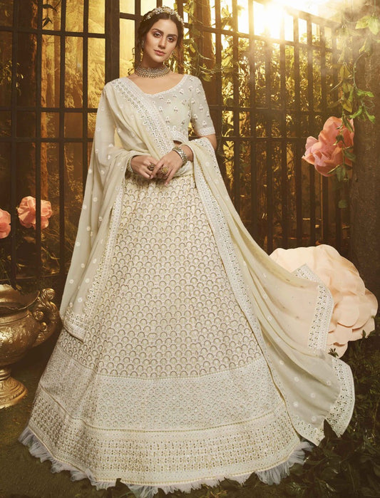 White georgette thread and ruffle work bridal lehenga choli