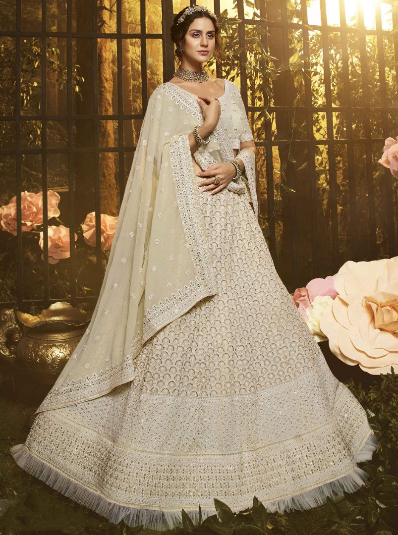 White georgette thread and ruffle work bridal lehenga choli