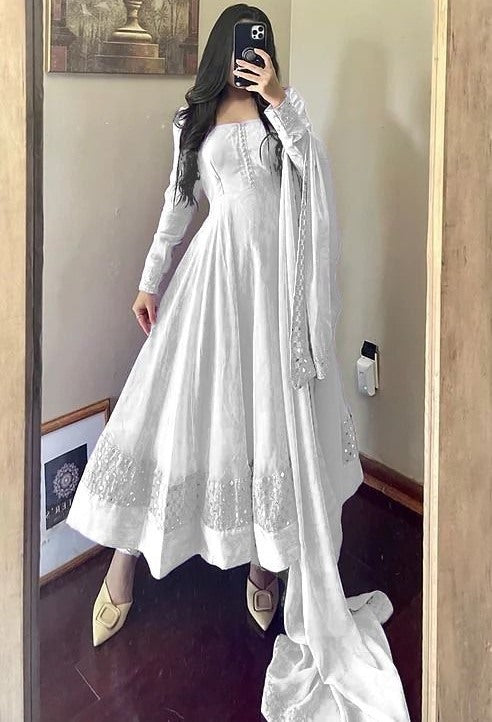 White georgette thread embroidered party wear anarkali suit