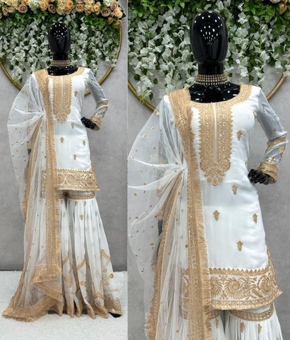 White georgette thread sequence work wedding sharara suit