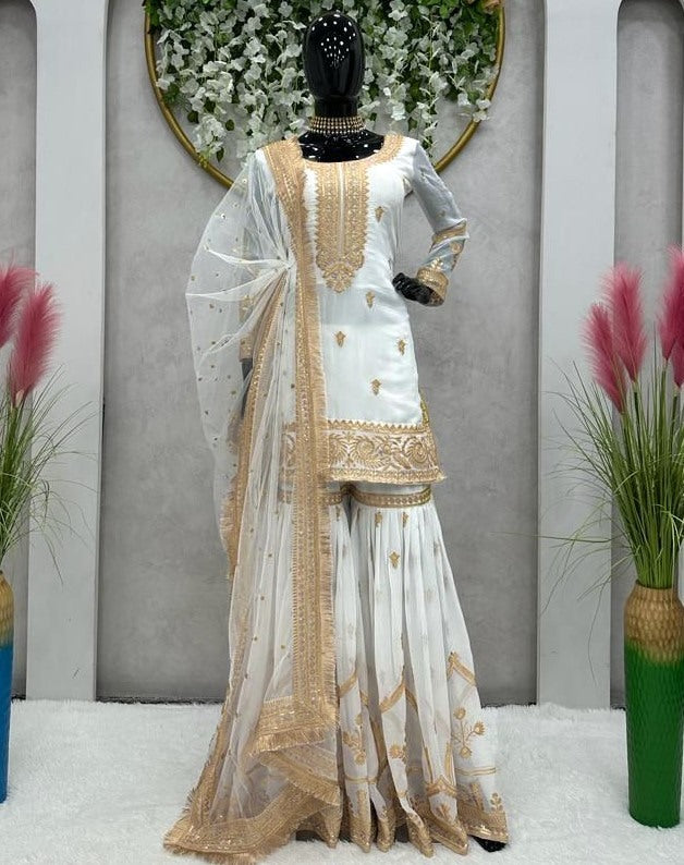 White georgette thread sequence work wedding sharara suit