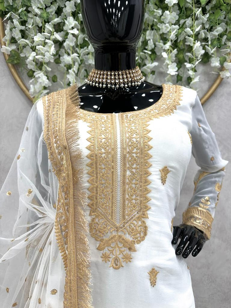 White georgette thread sequence work wedding sharara suit