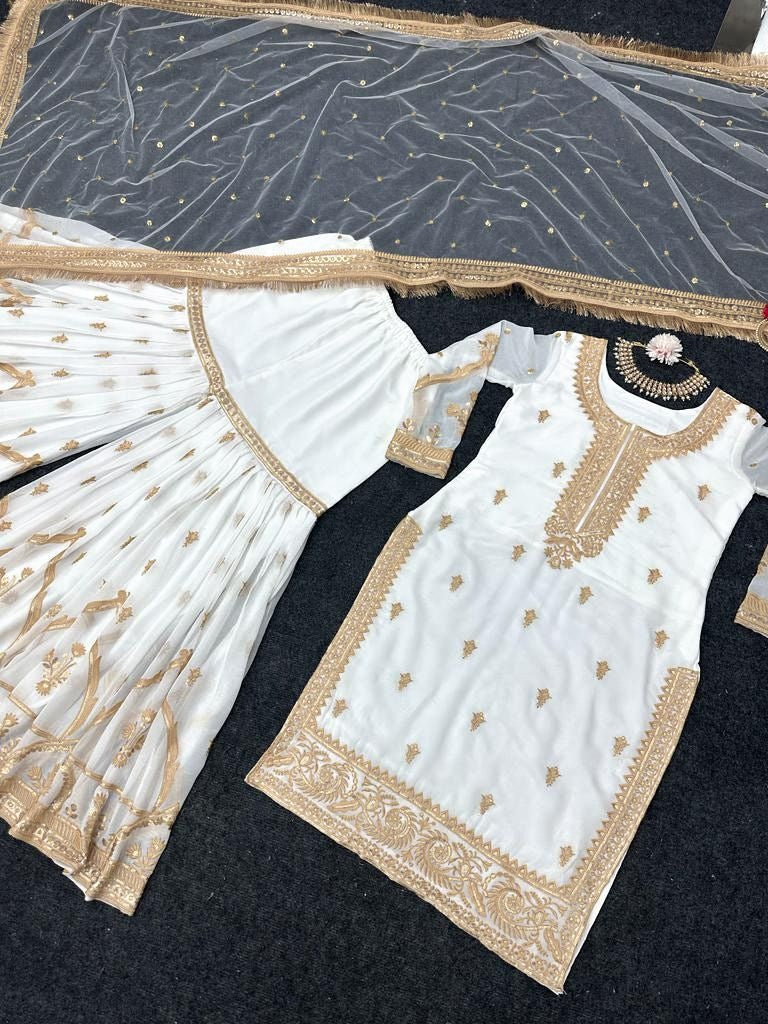 White georgette thread sequence work wedding sharara suit