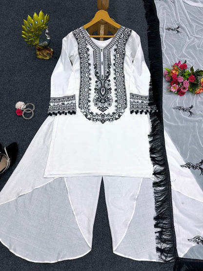 White georgette thread work designer indowestern suit