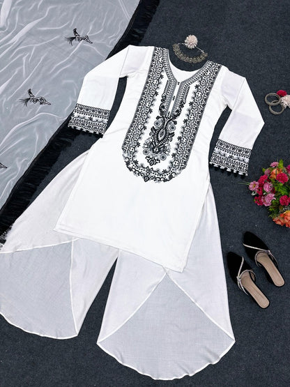 White georgette thread work designer indowestern suit