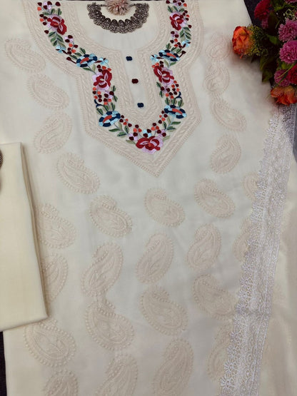 White georgette thread work unstitched salwar suit