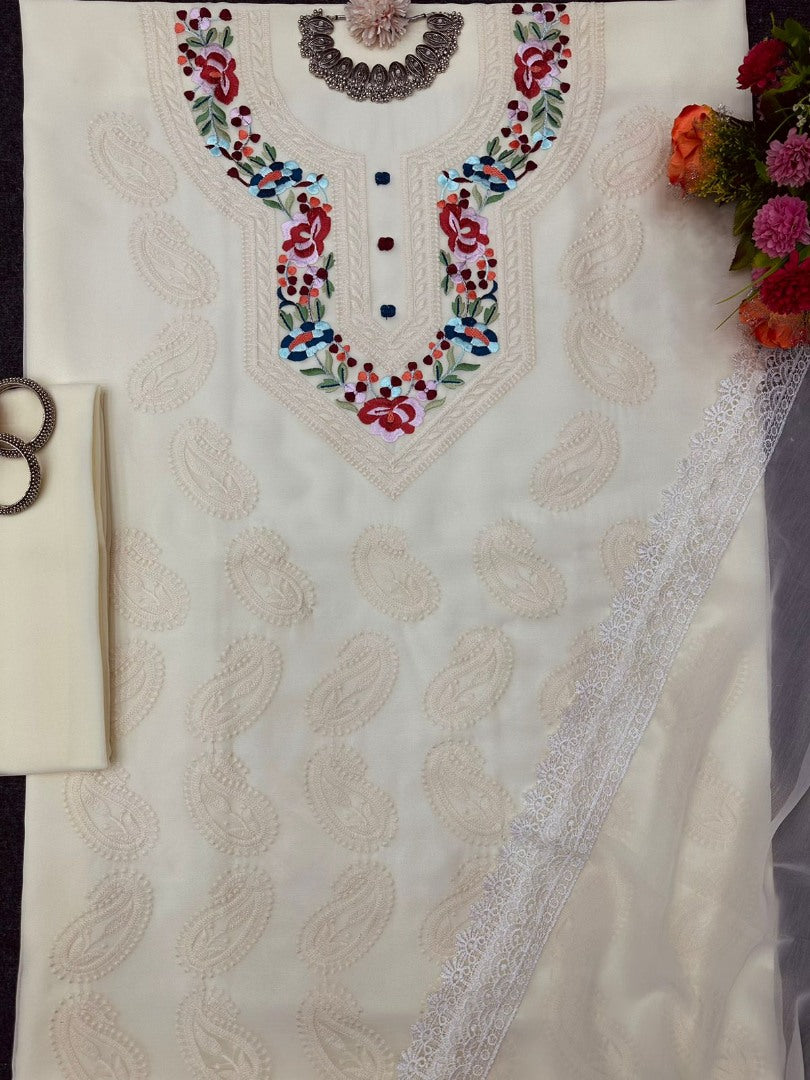 White georgette thread work unstitched salwar suit