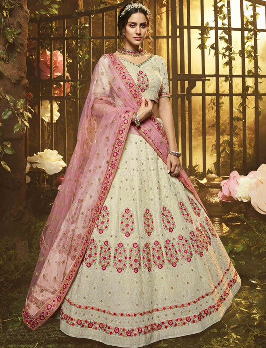 White georgette thread zari and sequence work bridal lehenga choli