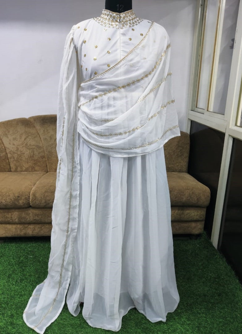 White georgette thread zari with sequence work party wear gown