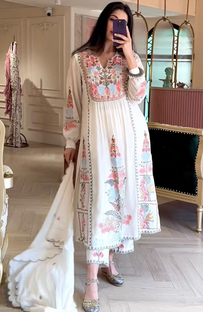 White georgettte multi thread embroidery work designer palazzo suit