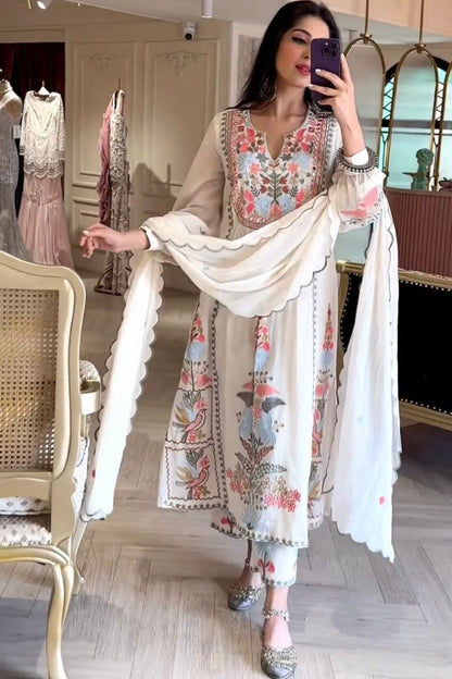 White georgettte multi thread embroidery work designer palazzo suit