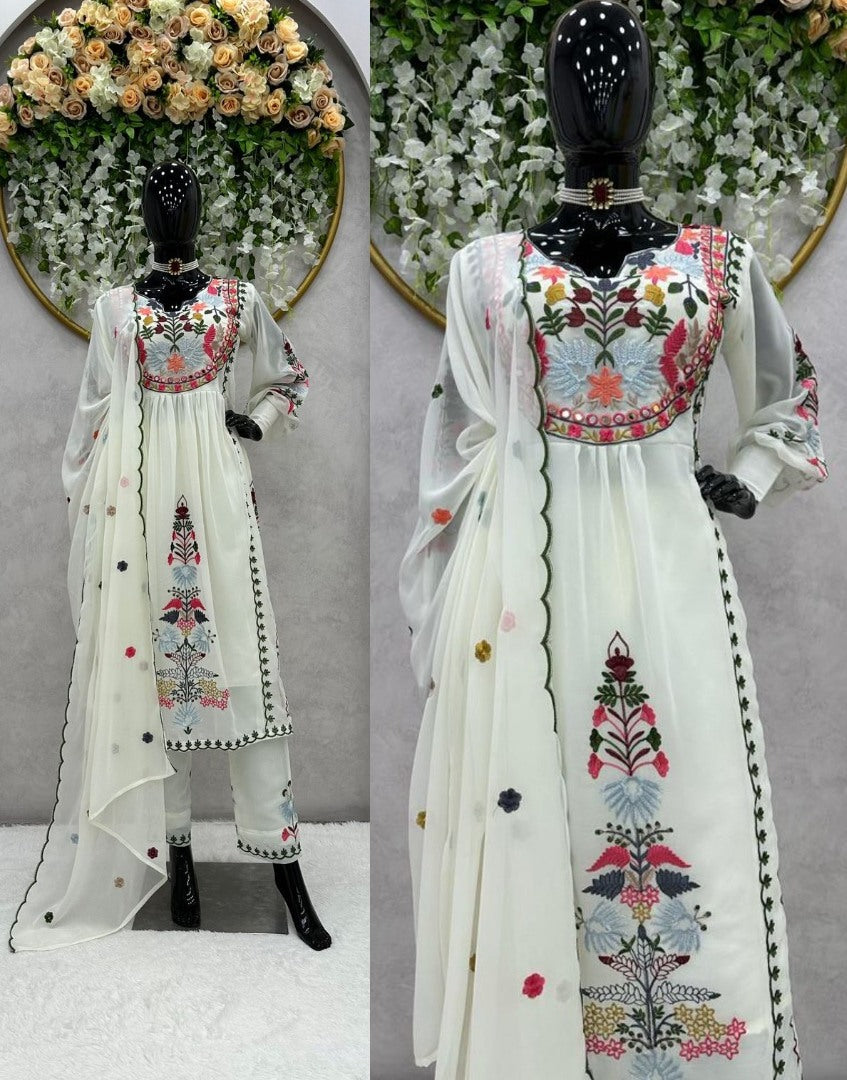 White georgettte multi thread embroidery work designer palazzo suit