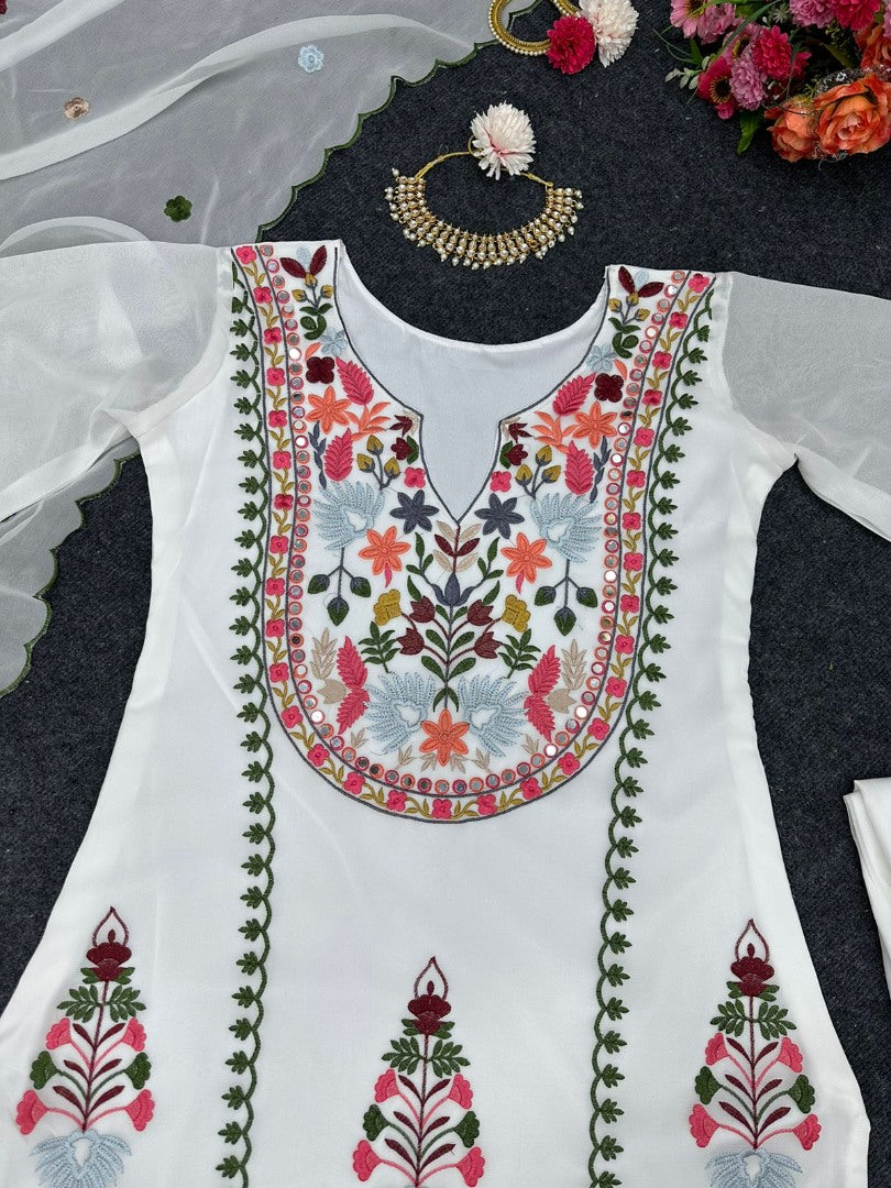 White georgettte multi thread embroidery work designer palazzo suit