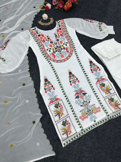 White georgettte multi thread embroidery work designer palazzo suit