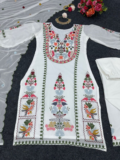 White georgettte multi thread embroidery work designer palazzo suit