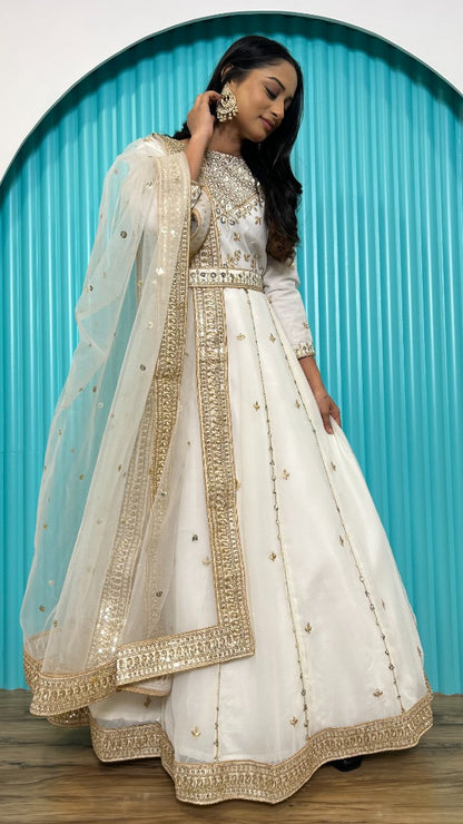 White goergette designer wedding gown