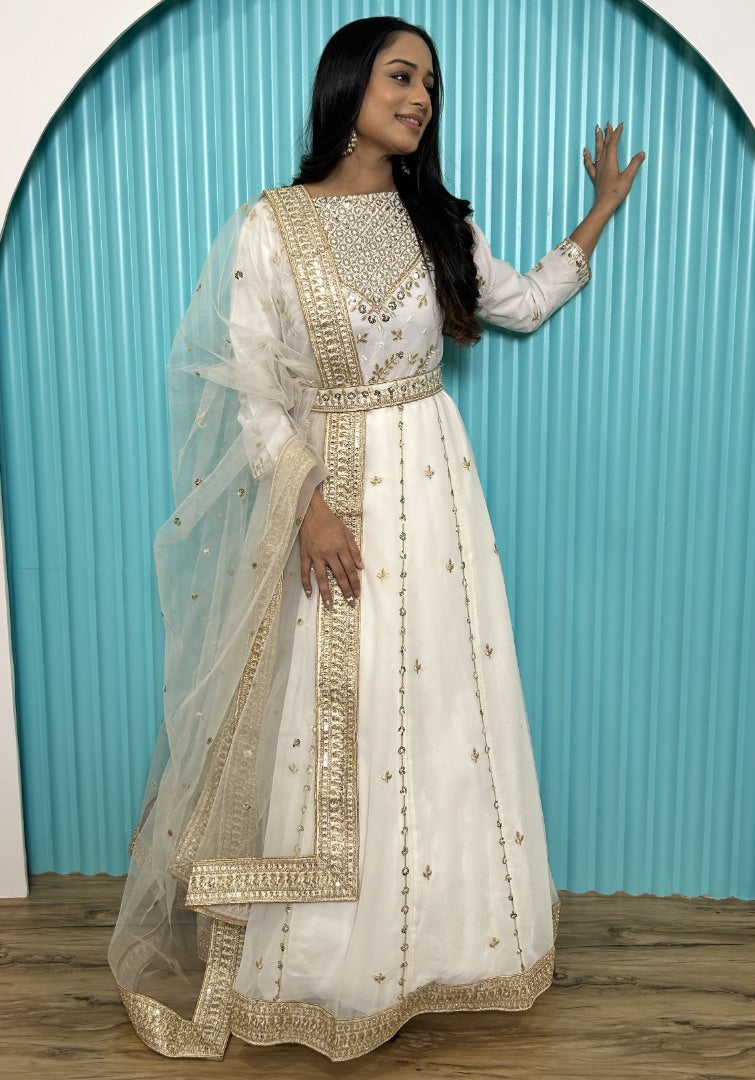 White goergette designer wedding gown